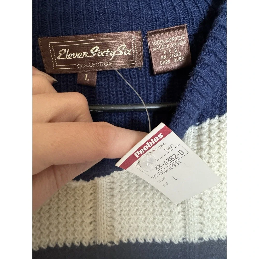 Vintage 80s Eleven Sixty Six Navy White Striped Knit Sweater Men's Large Preppy